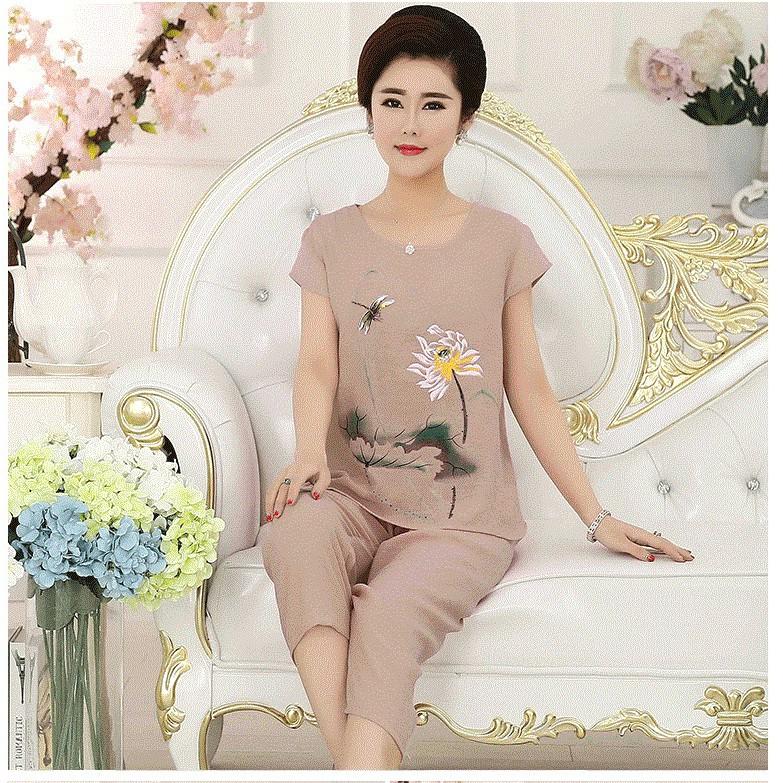 Bộ quần áo mặc nhà trung niên cho mẹ, bộ đũi hoa sen