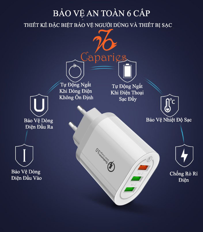 Củ Sạc 3 USB 18W Nhanh Quick Charge 3.0 - Chính Hãng CAPARIES VIỆT NAM