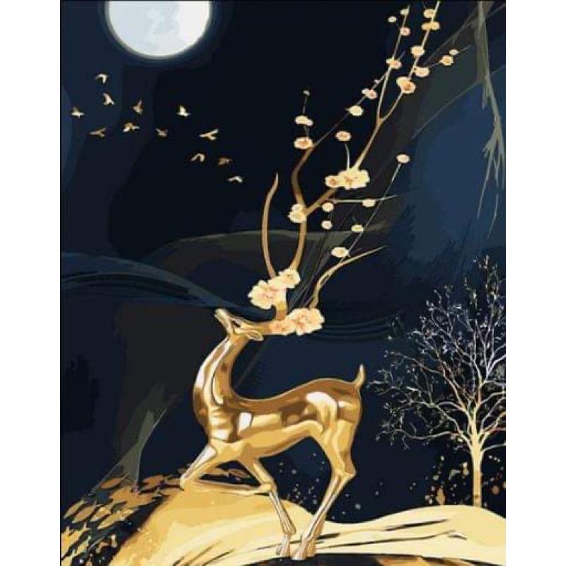 Tranh tô màu theo số Tranh sơn dầu số hoá hình hươu nai size 40*50cm kèm khung
