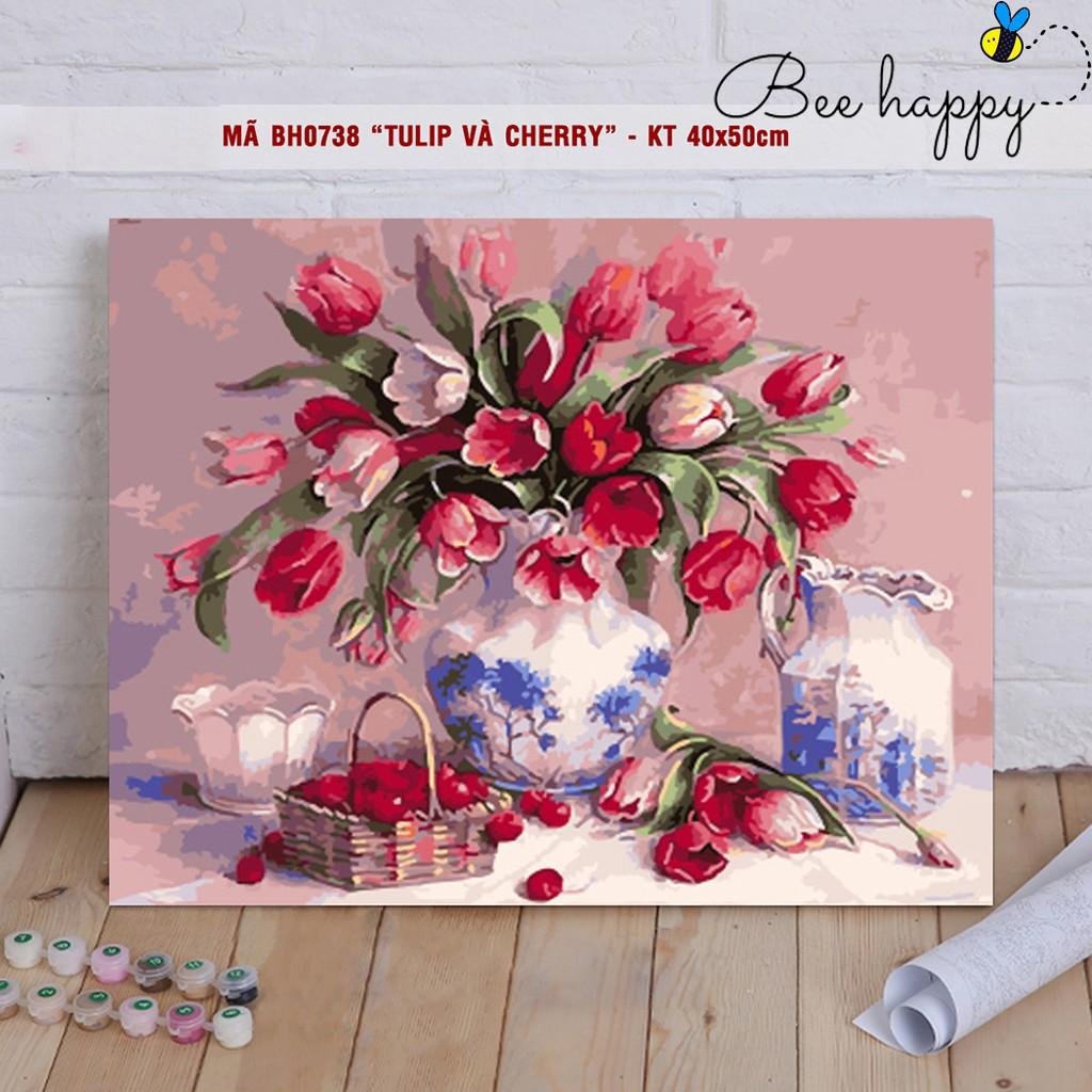 Tranh sơn dầu số hoá DIY tự vẽ bình hoa tĩnh vật - Mã BH0738 Hoa Tulip và cherry