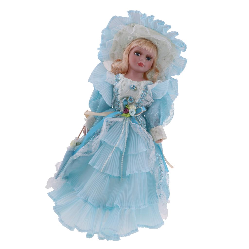 40cm Victorian Porcelain Doll Action Figures Decoration in Light Blue Dress