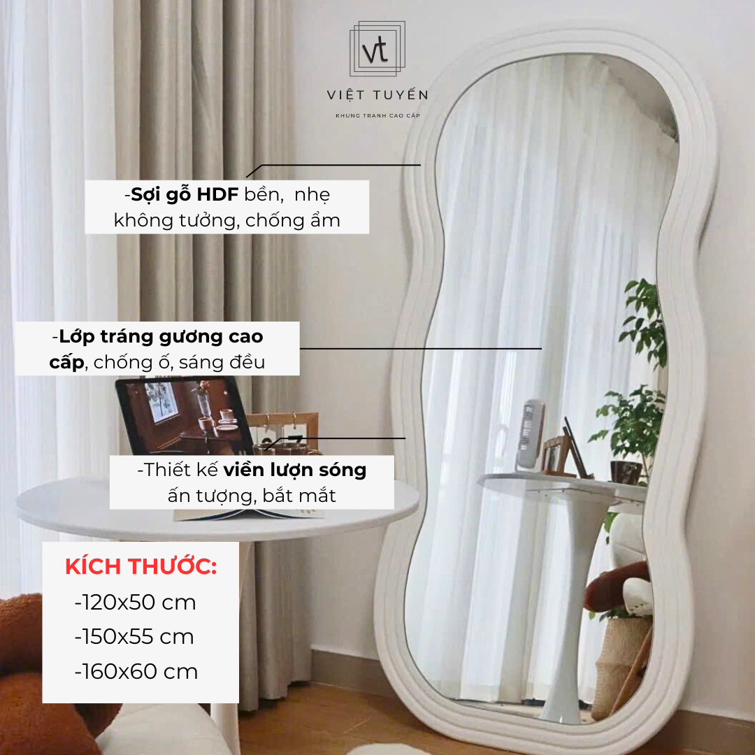 Gương toàn thân lượn sóng HDF Việt Tuyến - Kích thước 45x140cm - Trang trí phòng ngủ, phòng khách