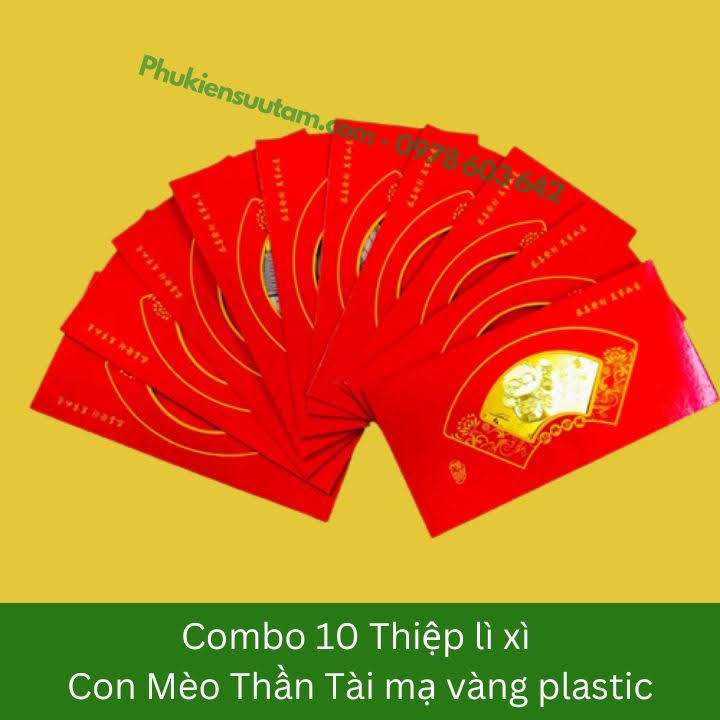 Combo 10 Thiệp Lì Xì Con Mèo Thần Tài Mạ Vàng Plastic, kích thước: 20cmx10cm, màu đỏ - SP005909