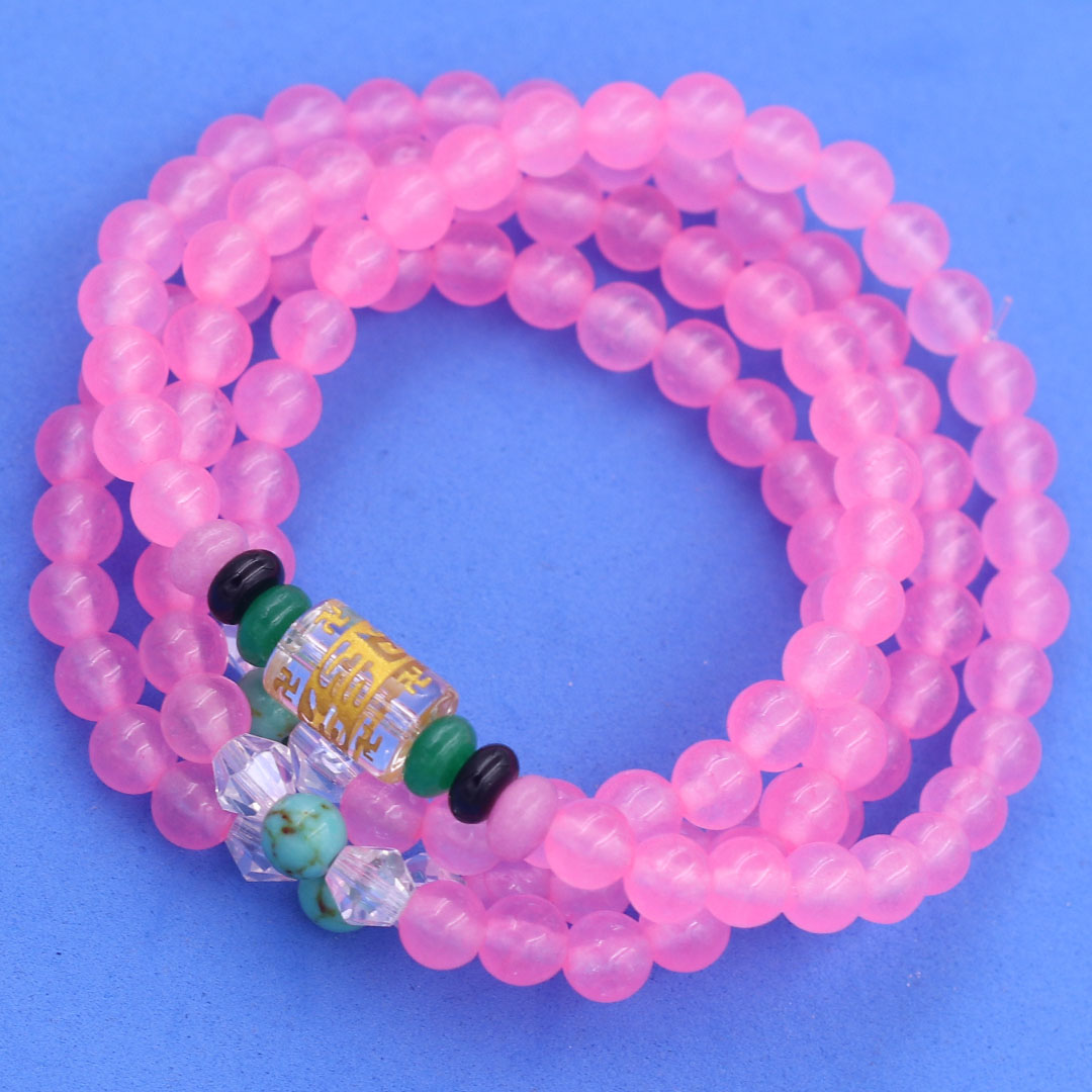Vòng chuỗi 108 hạt đá thạch anh hống phấn charm lục tự chân ngôn - hạt 8 ly , vòng chuỗi niệm Phật, vòng chuỗi đeo tay