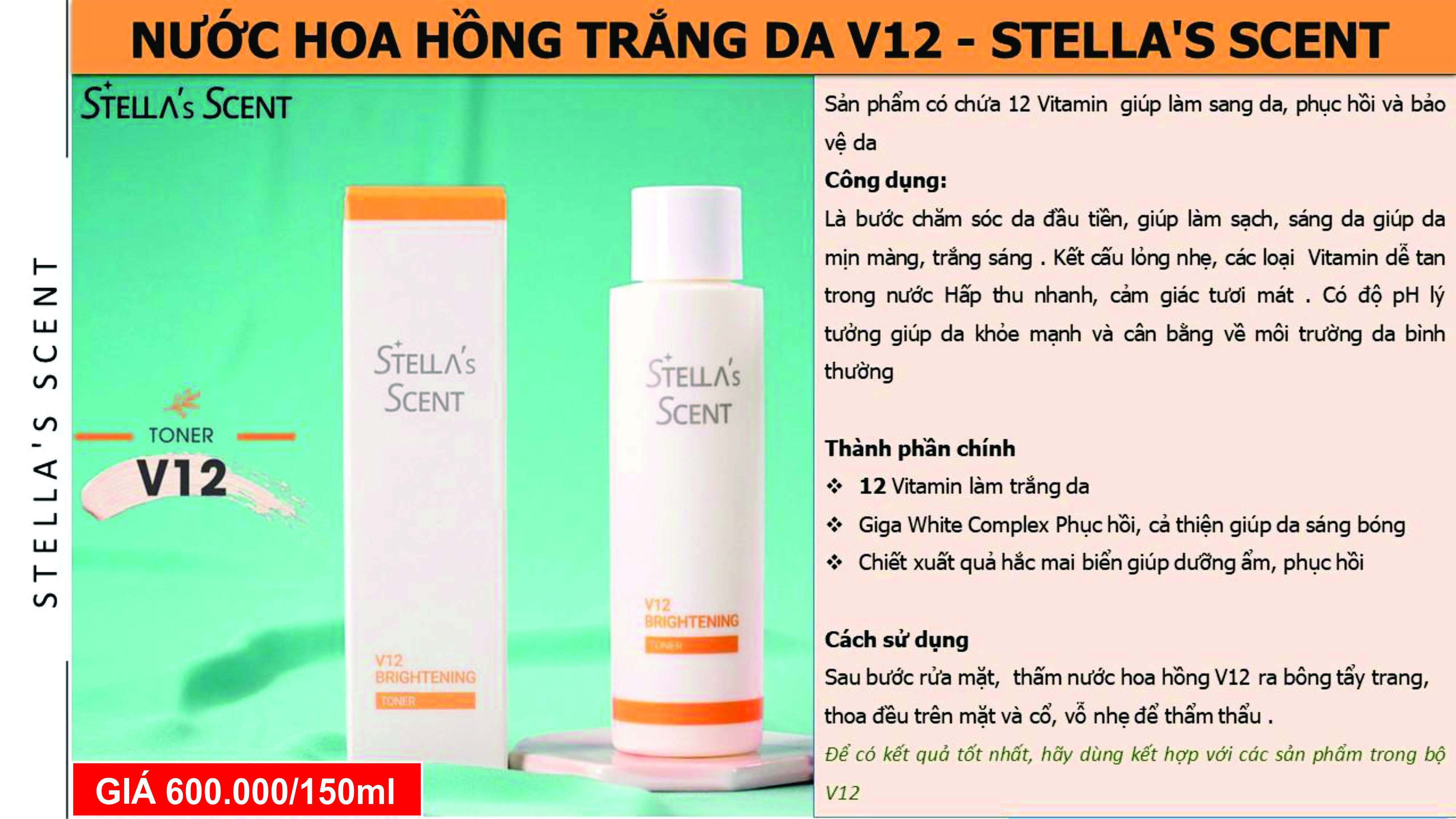 Nước Hoa Hồng Trắng Da V12 Stella's Scent - Stella's Scent V12 Brightening Toner