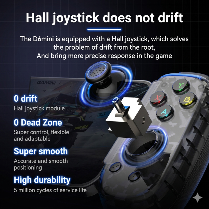 Gamepad Tay Game Không dây Bluetooth D6 mini hall joystick đa nền tảng cho máy tính - điện thoại - máy game Console hàng nhập khẩu