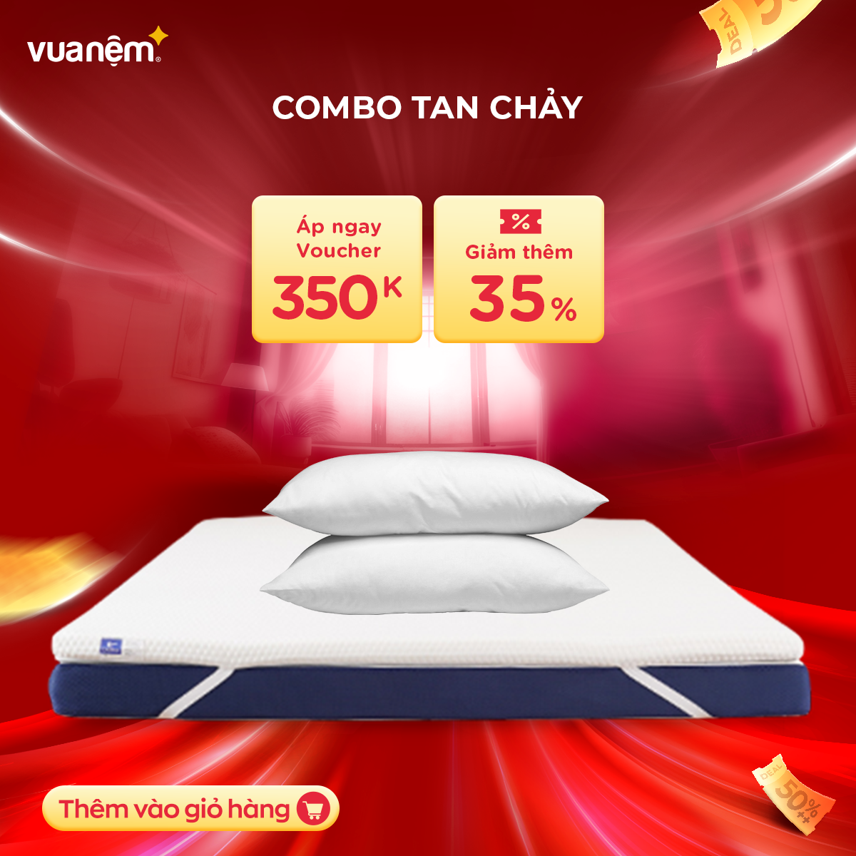 Combo Tan Chảy - Topper nệm đa năng Memory Foam trà xanh Goodnight Carina & Đôi Gối bông mềm mại Doona Promo 45*65cm