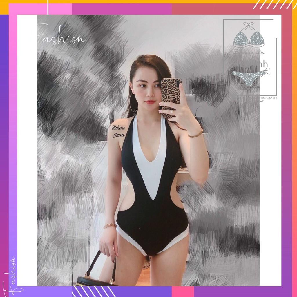 Bikini, Đồ Bơi Đi Biển Một Mảnh Thân Liền Trắng Đen Khoec Eo KG00720