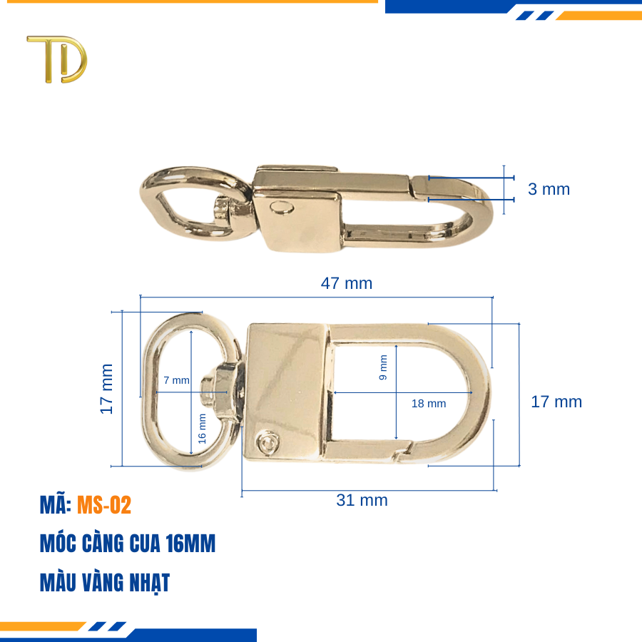 Móc càng cua túi xách,móc khóa càng cua túi xách,móc chó túi xách 16mm Mạ điện bền 5-8 năm