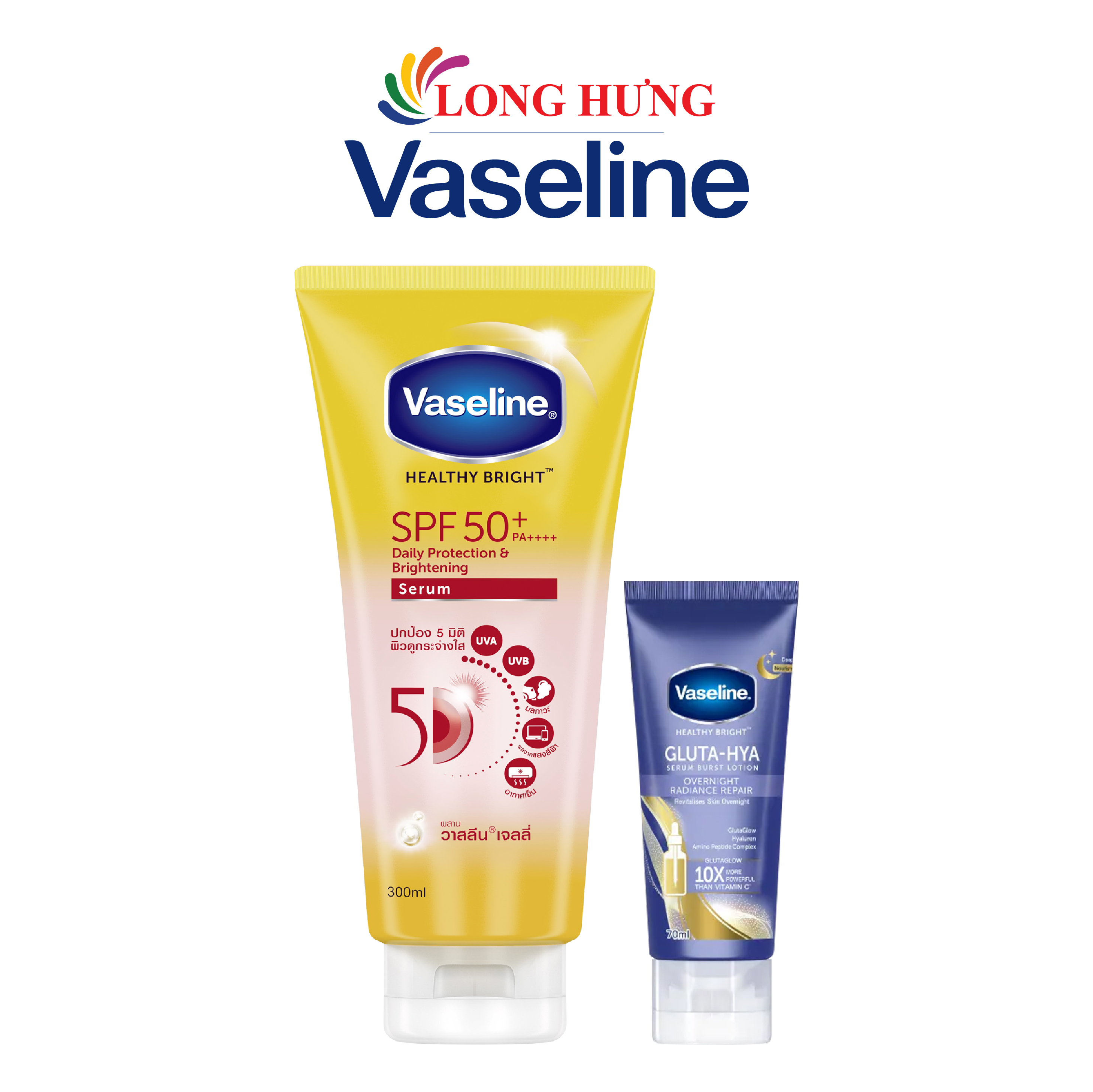 Combo Tinh chất dưỡng thể chống nắng Vaseline Healthy Bright SPF 50+(300ml) + Sữa dưỡng thể ban đêm Vaseline Gluta-Hya 10X (70ml) - Hàng chính hãng
