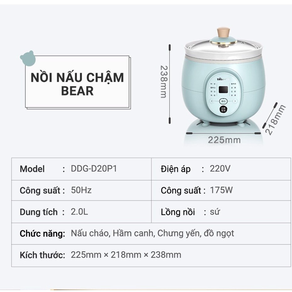 [BẢN QUỐC TẾ] Nồi Nấu Chậm Đa Năng Bear DDG-D20P1 - Dung tích 2L, Lòng nồi bằng sứ, Hẹn giờ - Hàng Chính hãng - Bảo hành 18 tháng