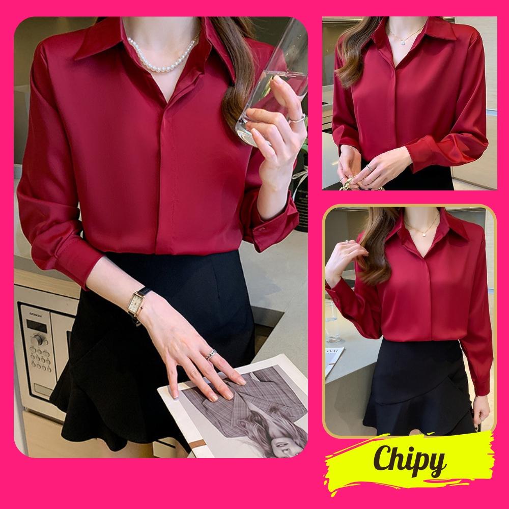 Áo Sơ Mi Nữ Công Sở Màu Đỏ Đô Cổ Đức CHIPY Kiểu Hàn Quốc Vintage Ulzzang Form Rộng Dài Tay Đẹp Chất Lụa Cao Cấp A2D