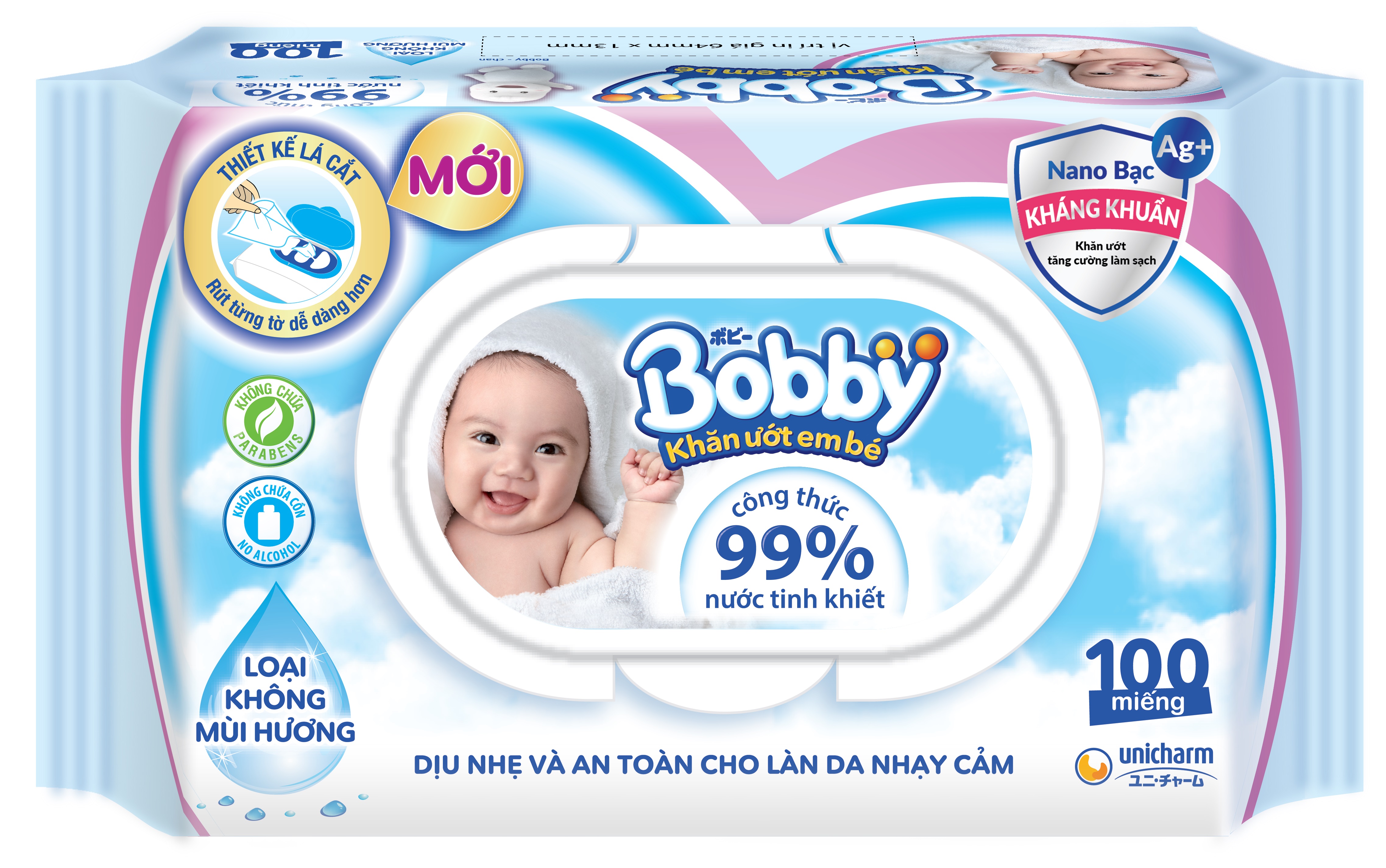 Combo Tiết Kiệm: Thùng 16 Gói Khăn Ướt Bobby Care Không Hương 100 Miếng/Gói tặng 15 khẩu trang Unicharm Nhật Bản