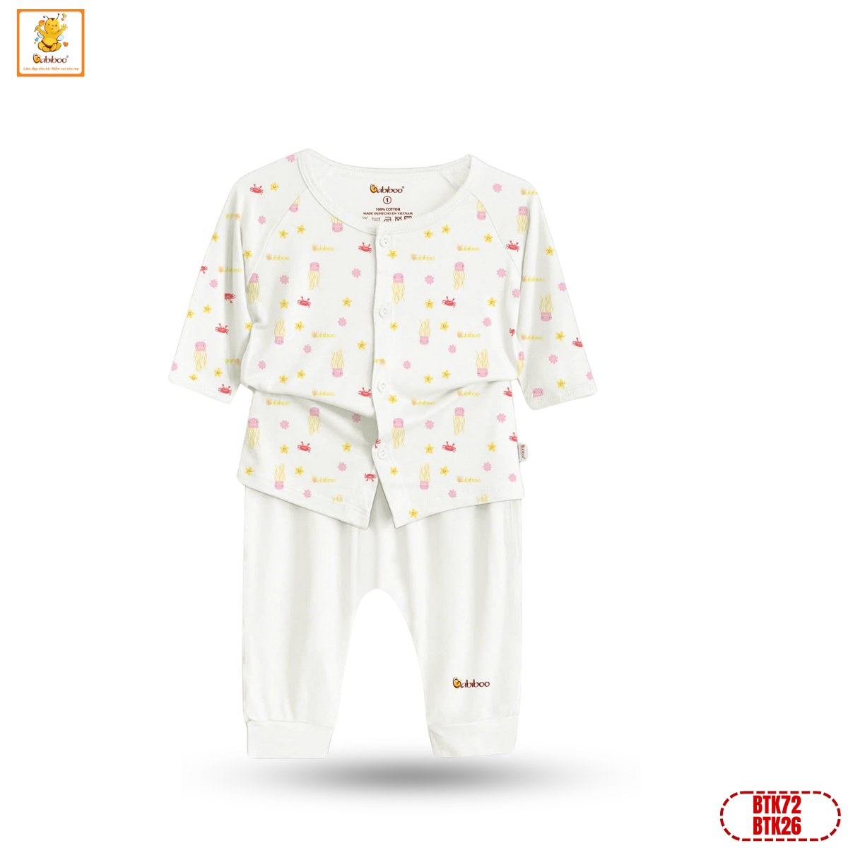 Bộ sơ sinh dài tay Babiboo quần áo tay dài cài giữa bé trai, bé gái chất viscose mềm mát BTK72+BTK26