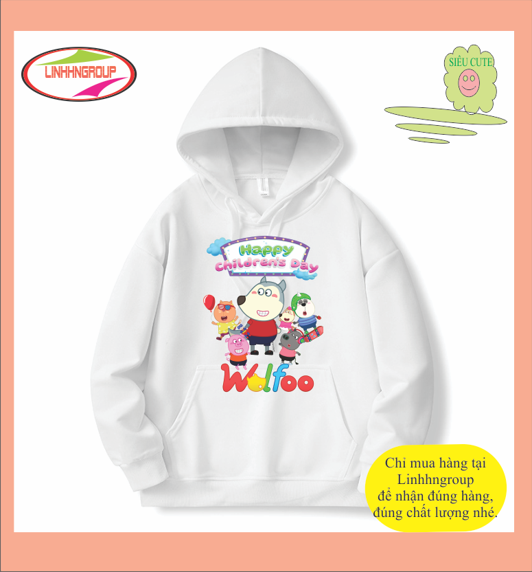 Áo Hoodie nỉ bông màu trắng in hình WOLFOO siêu cute cho bé trai bé gái đủ size