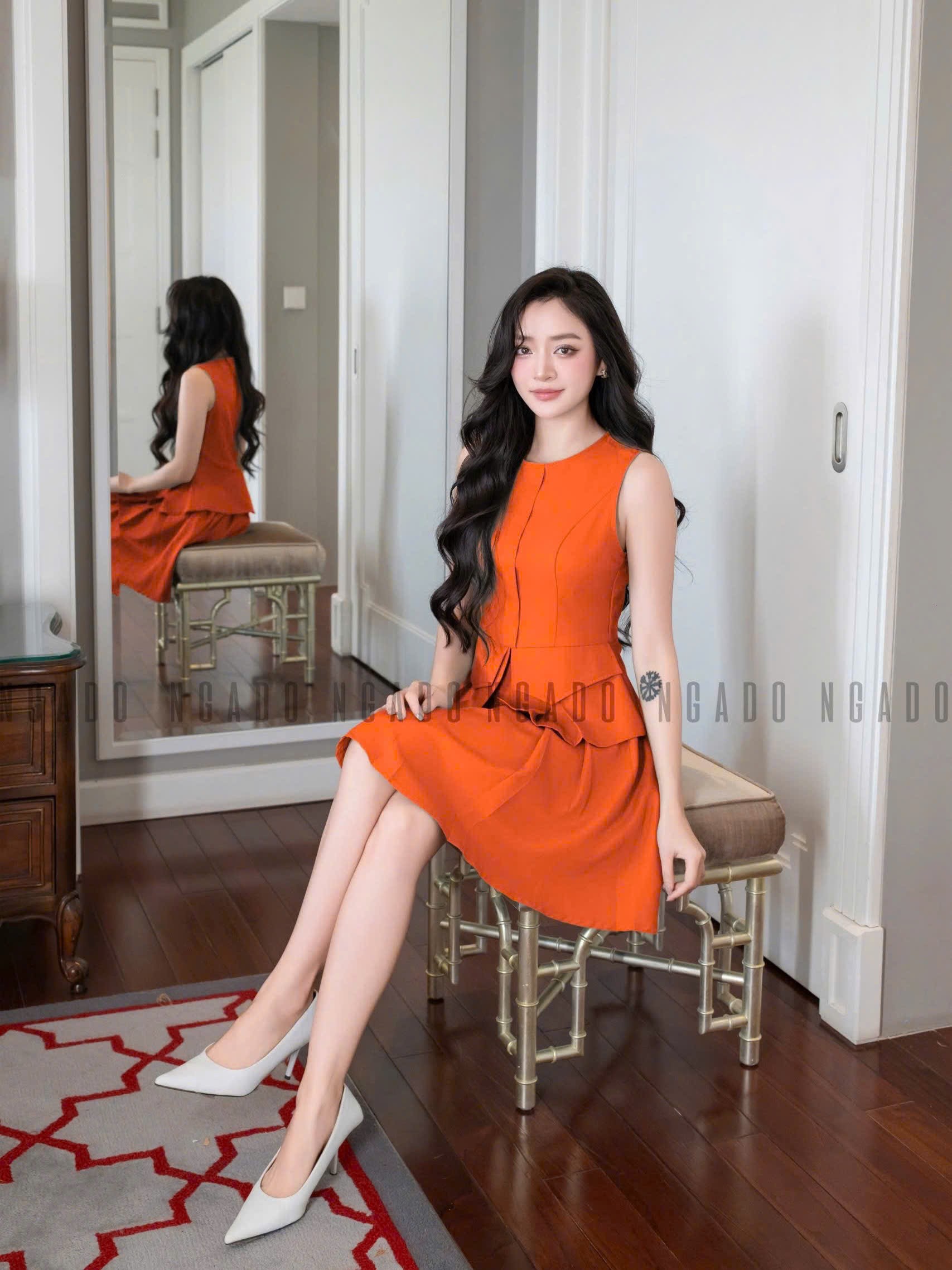 Set áo váy cam xếp ly NGADO , set áo váy ngắn , set áo váy nữ , set công sở