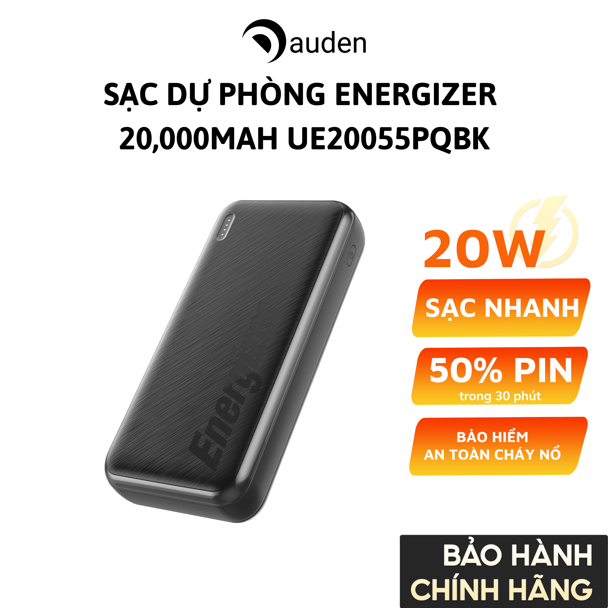 Sạc dự phòng Energizer 20,000mAh 3.7V Li-Polymer UE20055PQBK, bảo hàng 24 tháng 1 đổi 1 - Hàng chính hãng