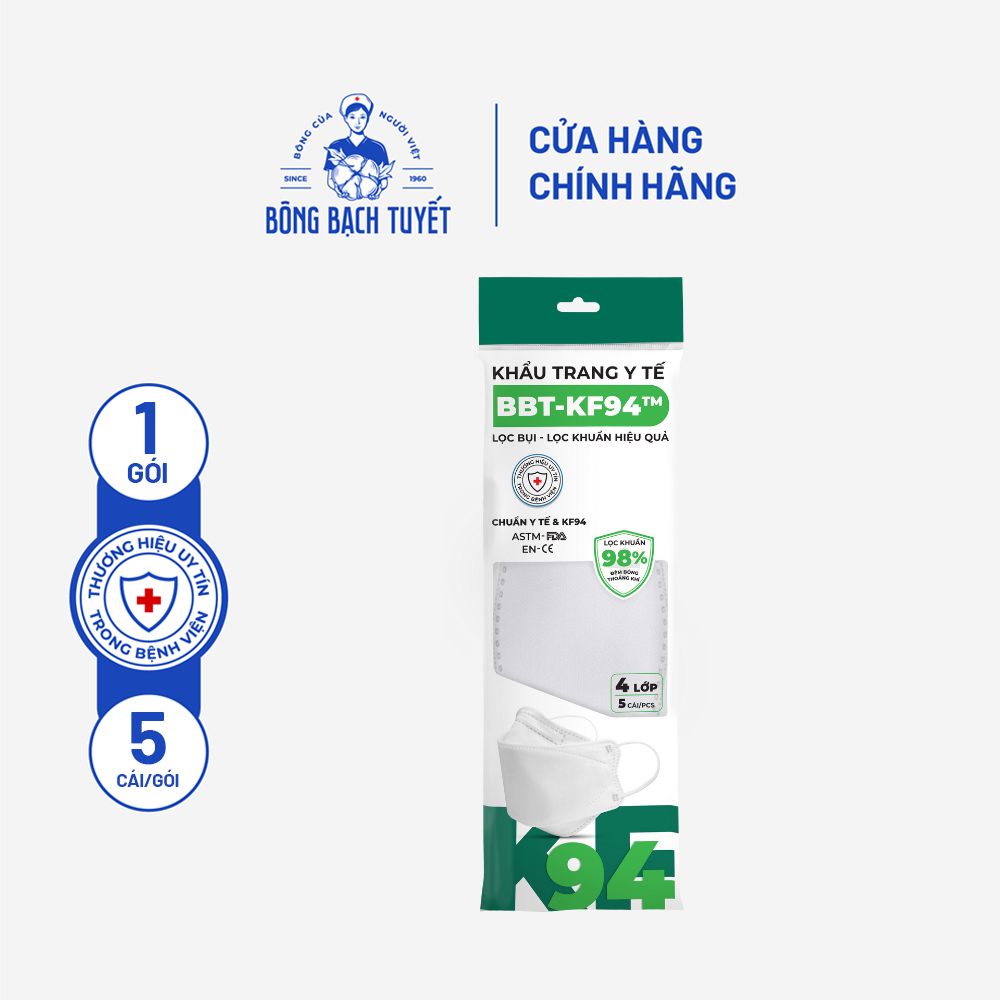 Khẩu trang Bông Bạch Tuyết KF94 4 lớp trắng (5 cái/gói)