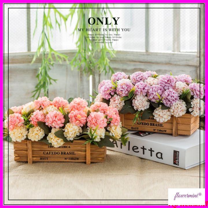 Giỏ hoa lụa tú cầu để bàn trang trí nhà cửa, decor kệ tủ, nhà hàng, văn phòng độc đáo Flowermini CF-10