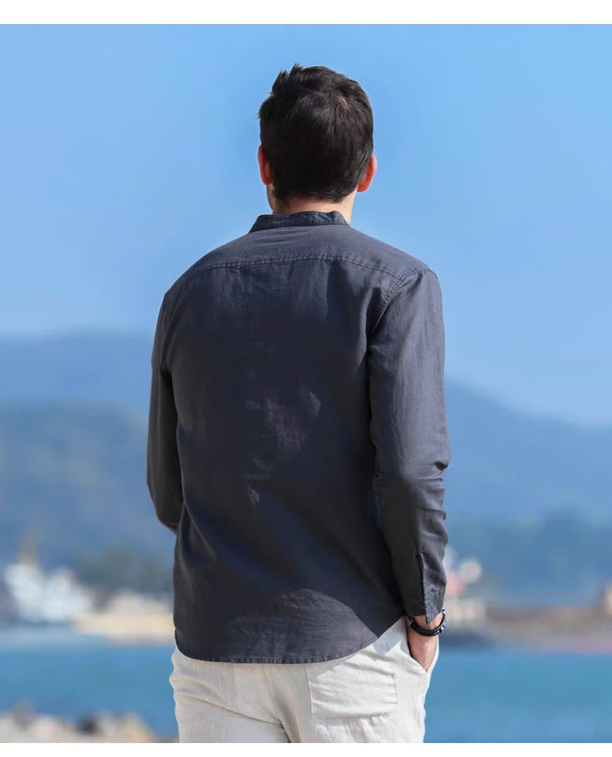 Sơ mi tay dài nam chất liệu linen mềm mịn, thấm hút mồ hôi, màu xanh than dễ mặc
