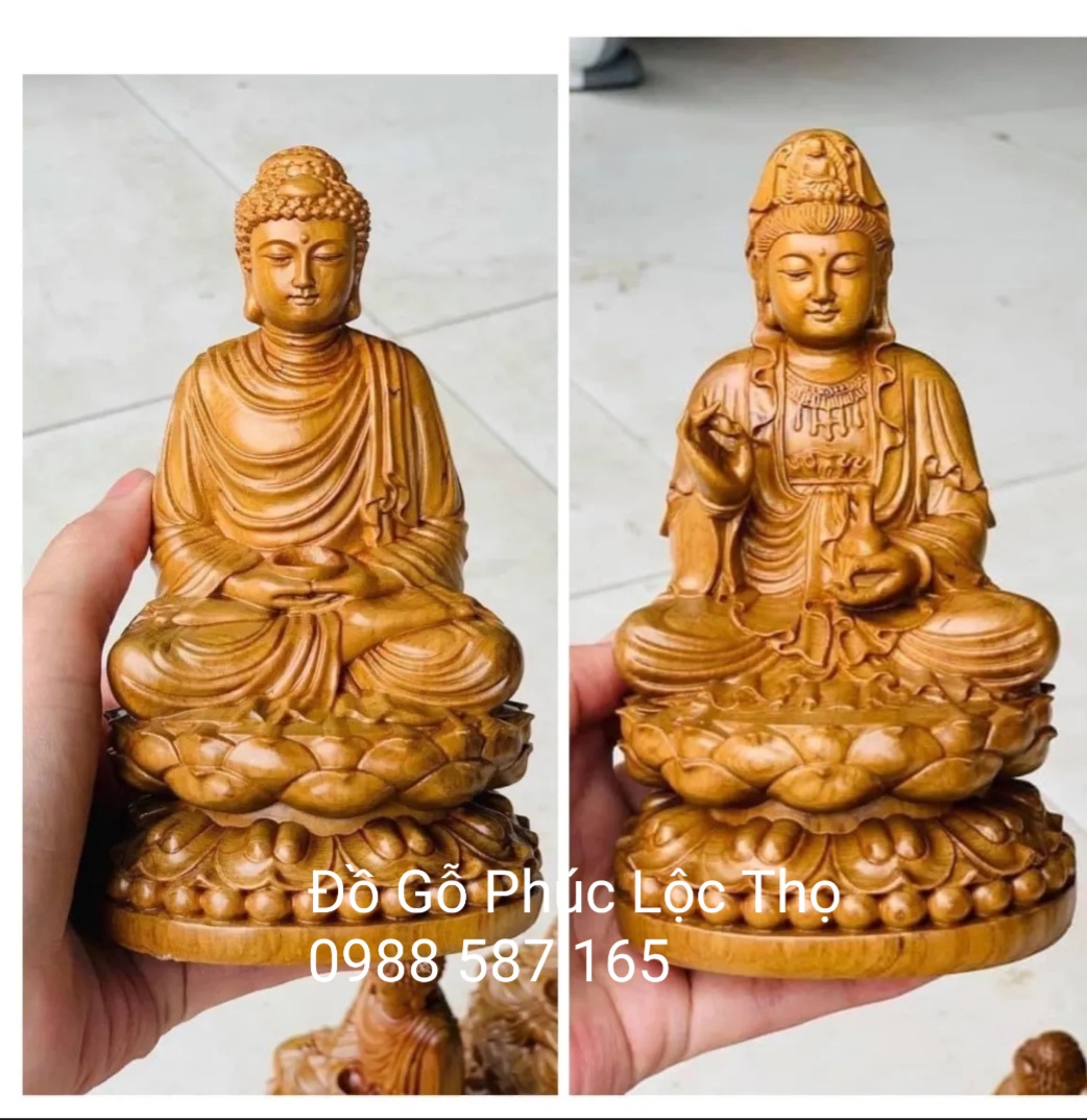 Tượng Phật A Di Đà - Phật Bà Quan Âm gỗ bách xanh để ô tô ,bàn làm việc đem lại may mắn tài lộc