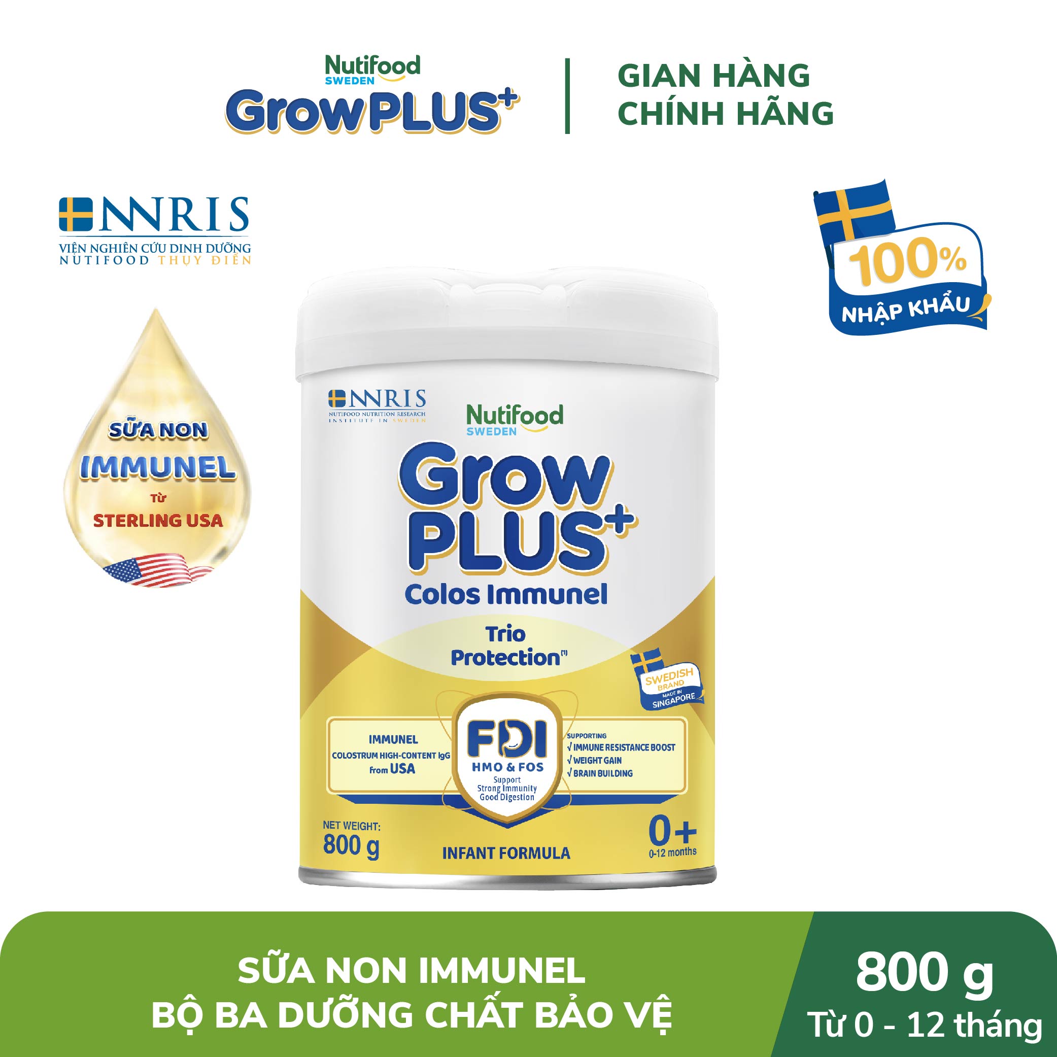 Sữa Bột Nutifood Sweden GrowPLUS+ Sữa Non Immunel từ 0 - 12 tháng lon 800g