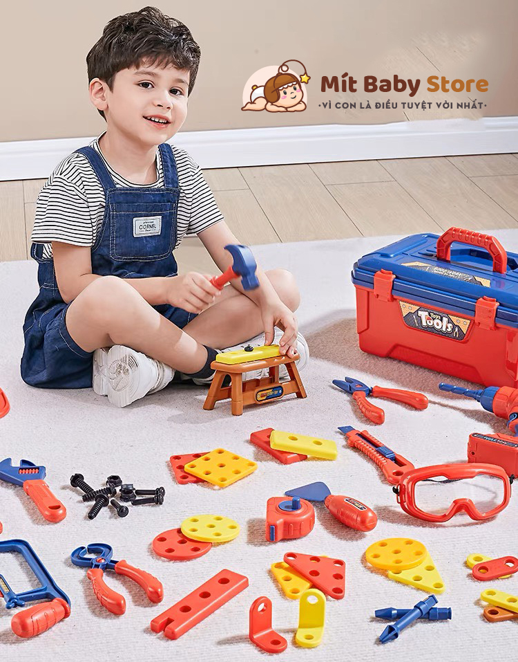 Bộ kỹ sư lắp ráp cao cấp dành, dụng cụ sửa chữa, lắp ráp ốc vít có mũ, kính, khoan điện và nhiều phụ kiện cho bé