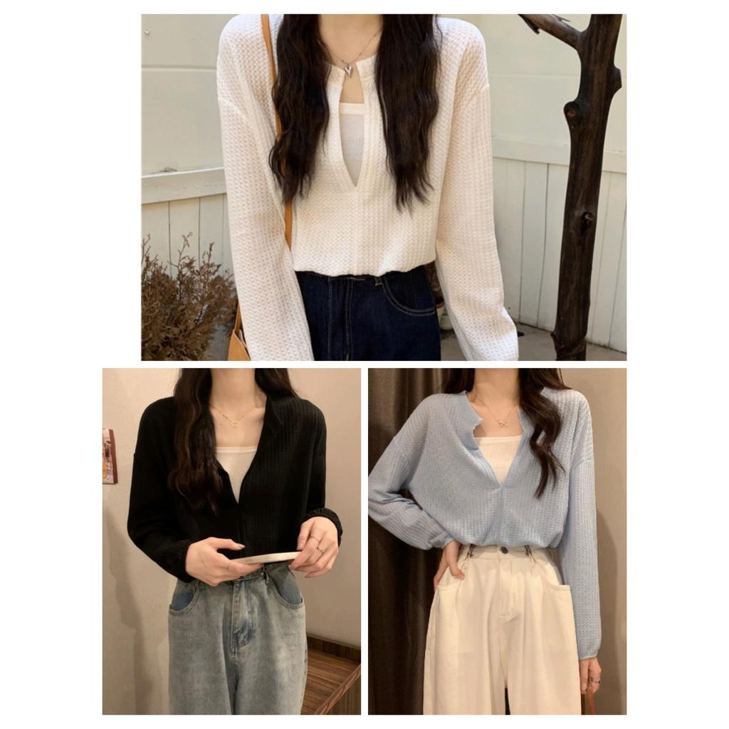 Bộ Áo Thun Cổ V Tay Bo Dáng Chun Kèm Áo Croptop Vải Tổ Ong Dài Tay 7 Màu So Hot