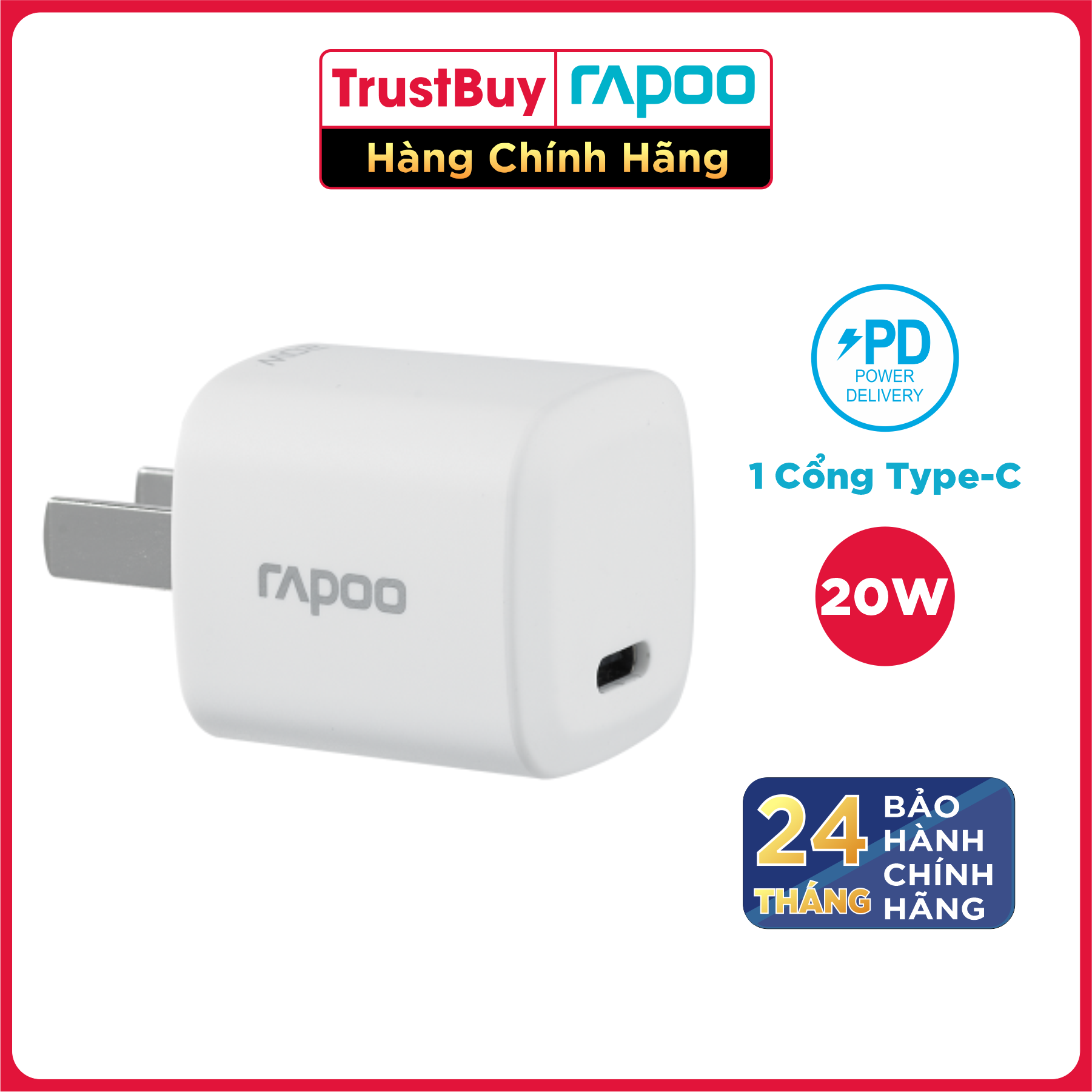 Adapter Củ Sạc 20W 1 Cổng Type C PD 3.0 Sạc Nhanh Cho iPhone, iPad RAPOO PA20 Mini - Hàng Chính Hãng