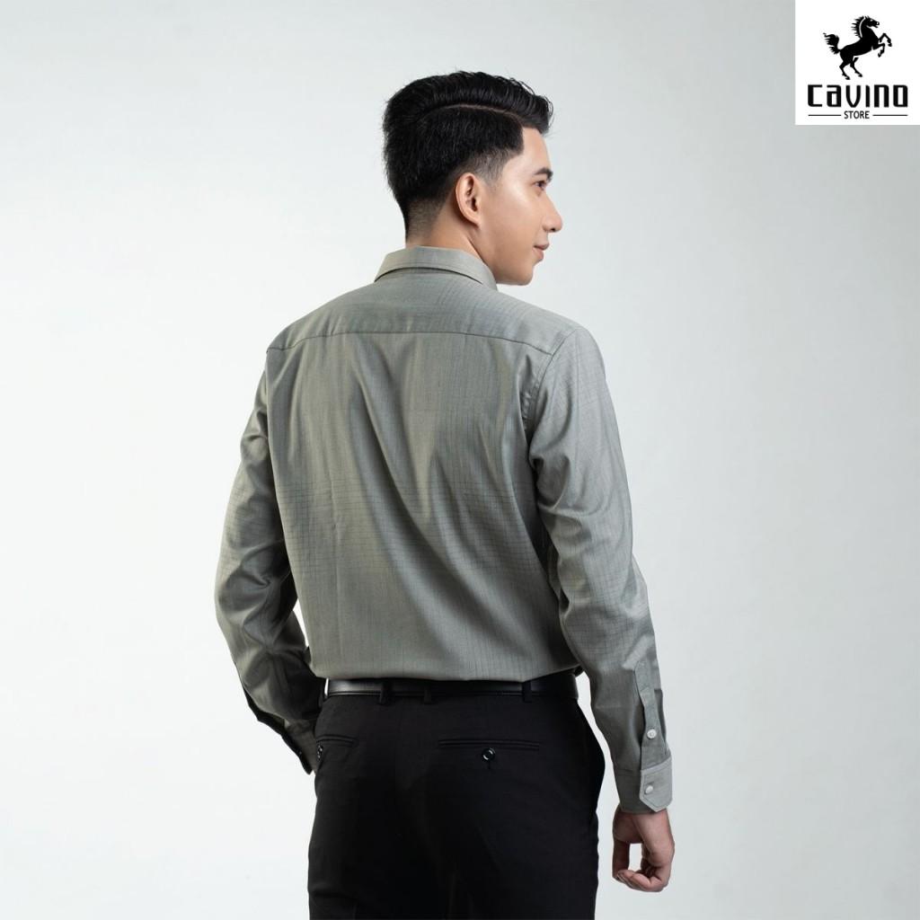 Sơ mi nam nâu rêu kẻ tăm 928 CAVINO cao cấp, vải bambo sợi tre chống nhăn, thoáng khí