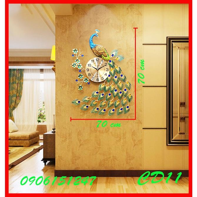 Đồng hồ treo tường trang trí decor chim công CD11 Khổng Tước xanh kích thước 70 x 60 cm