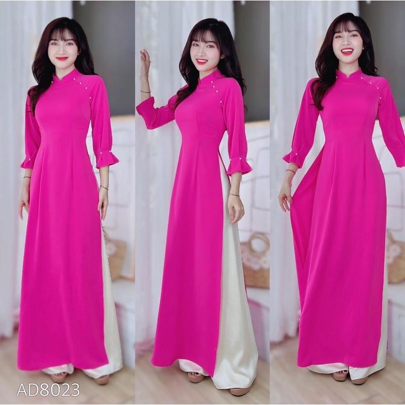 Áo dài kiểu tay loe ngực đinh ngọc chéo - hồng