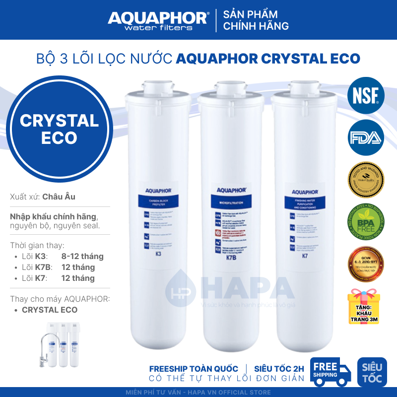 Bộ 3 Lõi Lọc Nước AQUAPHOR Nhập Khẩu Thay Cho Máy AQUAPHOR CRYSTAL ECO - Hàng Chính Hãng