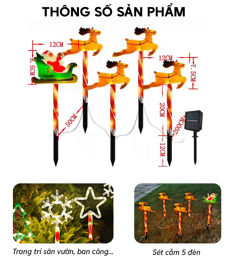 Đèn trang trí năng lượng mặt trời tuần lộc, ông già noel, tiết kiệm điện, bóng siêu sáng, chống thấm nước - DA3198