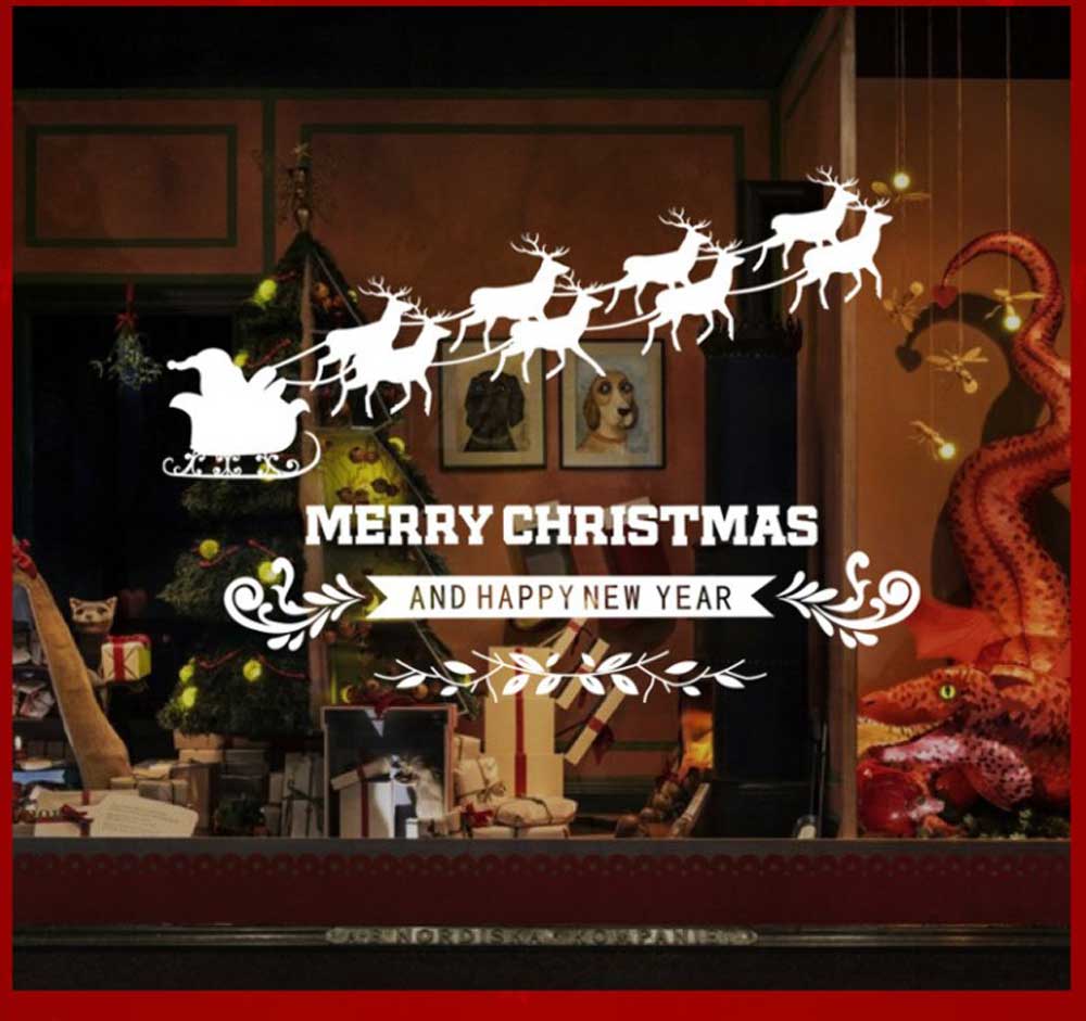 Decal trang trí Noel đoàn tuần lộc và chữ Merry christmas and happy new year