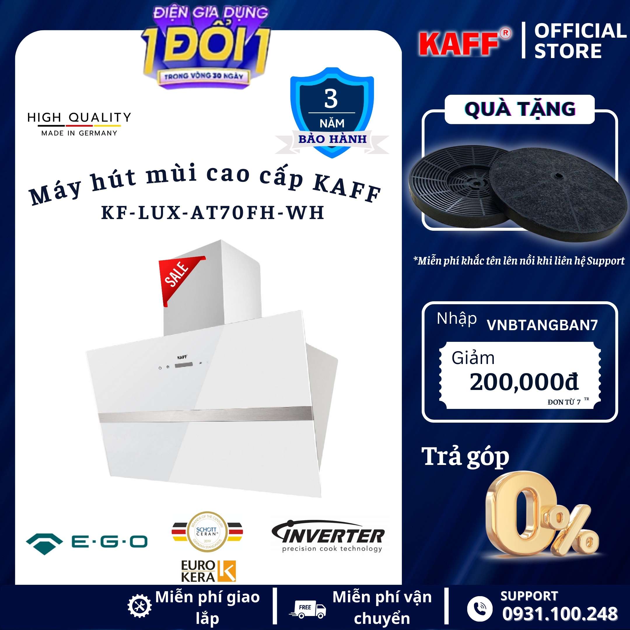 Máy hút mùi kính phẳng dạng TV cảm ứng _ điều khiển từ xa 700mm KAFF KF_LUX AT70FH_WH Tặng bộ lọc than thay thế _ Hàng Chính Hãng