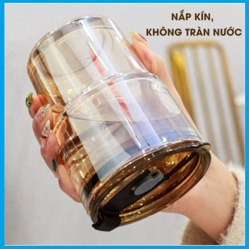 Cốc Ly Thủy Tinh 450ML Bọc Da Cao Cấp Tặng Kèm Nắp Đậy Và Ống Hút Thủy Tinh GD596-LyTT