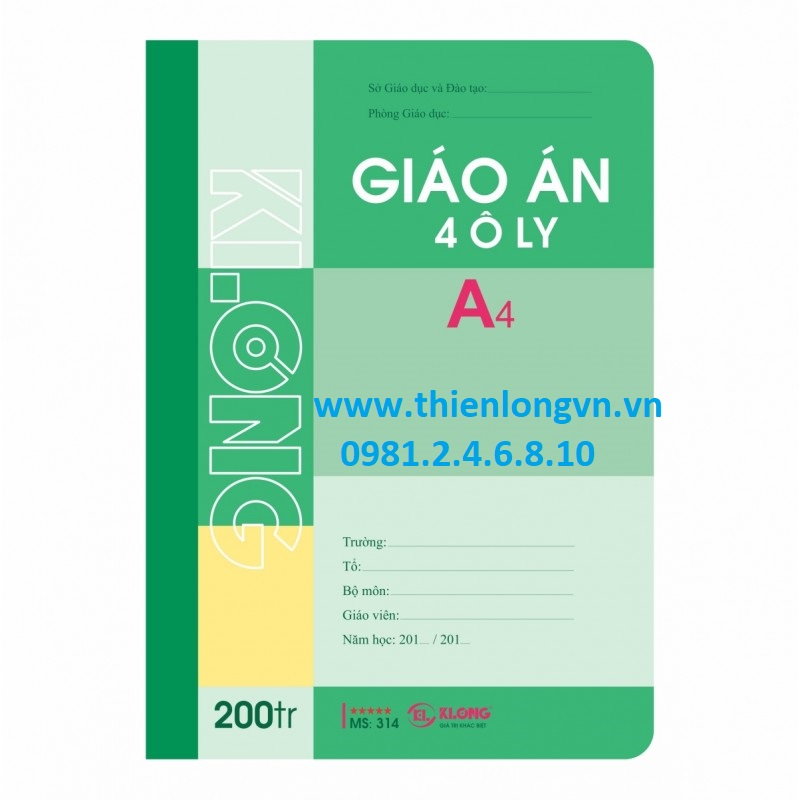 Sổ giáo án 4 ô ly - 200 trang; Klong 314 (T4) xanh lá