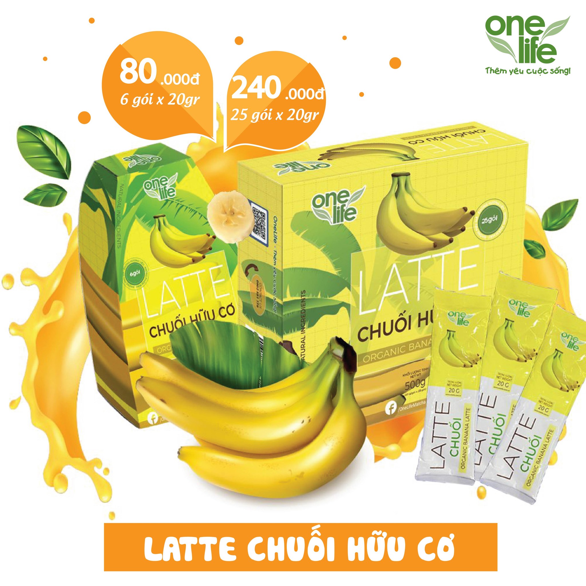 Trái Cây Sạch - Latte Chuối Hữu Cơ OneLife - Sinh Tố Chuối (Hộp 25 gói)