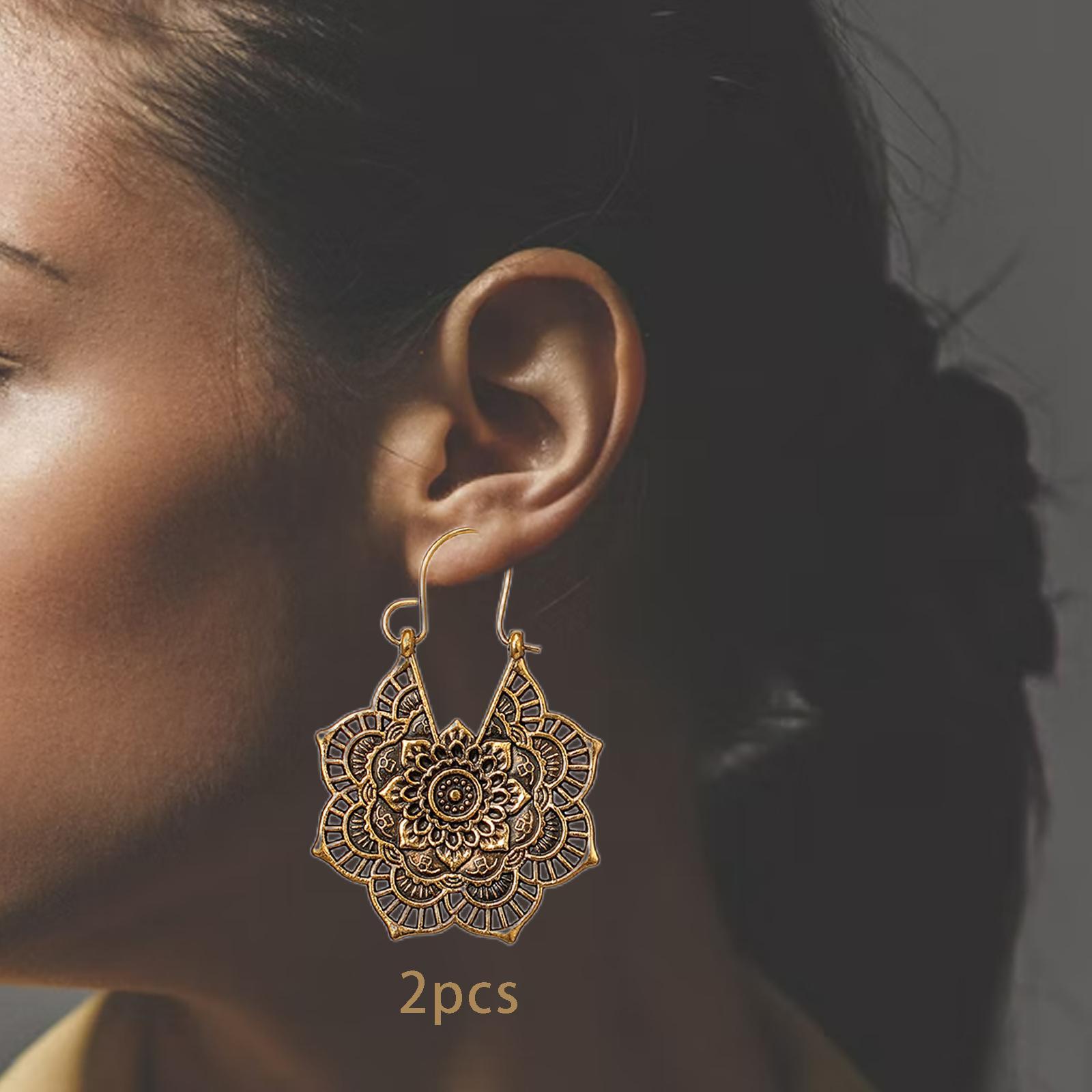 Women Ethnic Earrings Mandala Flower Retro Style Boho Tribal Ear Jewelry Gold
