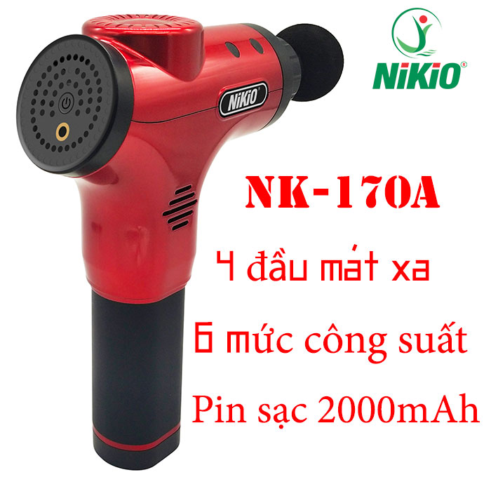 Súng massage cầm tay 4 đầu, 6 tốc độ Nikio NK-170A - Màu đỏ, hỗ trợ trị đau nhức mỏi, căng cơ toàn thân