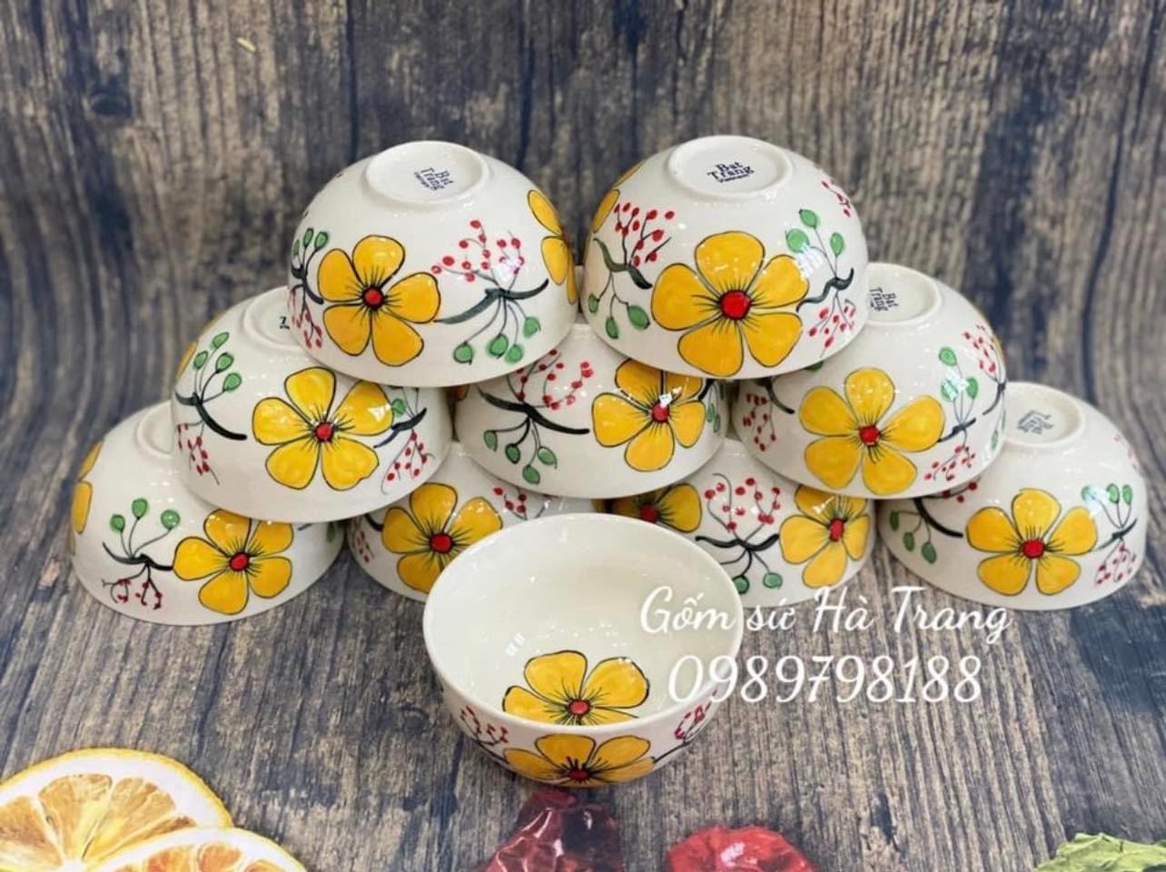 Combo 10 bát cơm gốm sứ Bát Tràng cao cấp vẽ tay hoạ tiết mai vàng