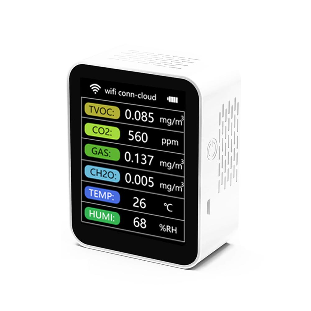 Tuya WiFi Portable Home Office Indoor Desktop Air Quality Detector 6 In 1 Multifunctional Detector TVOC CO2 Gases CH2O Temperature Humidity Detecting Intelligent Linkage Mobilephone APP Remotes Viewing