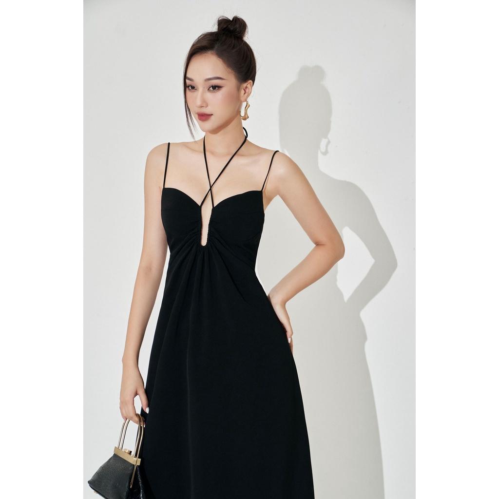 MOLLYNISTA - Đầm Olivia đen maxi xẻ cúp chữ U cột dây quyến rũ nữ tính thiết kế cao cấp đi chơi đi tiệc gợi cảm