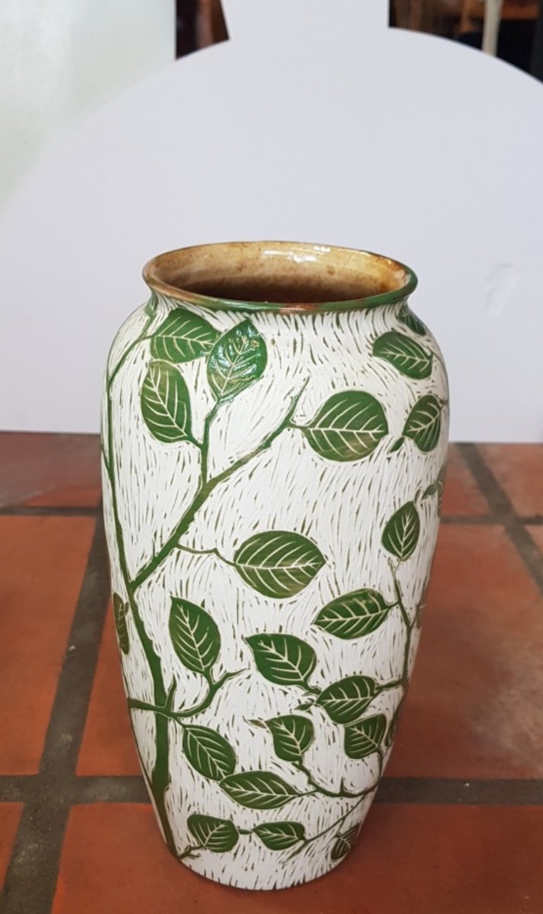 Bình hoa dạng ống tròn, họa tiết cây lá xanh men nhám thô, cao 28cm, trang trí nhà cửa, quà tặng tân gia, sinh nhật, gốm Bát Tràng. Giao từ HCM