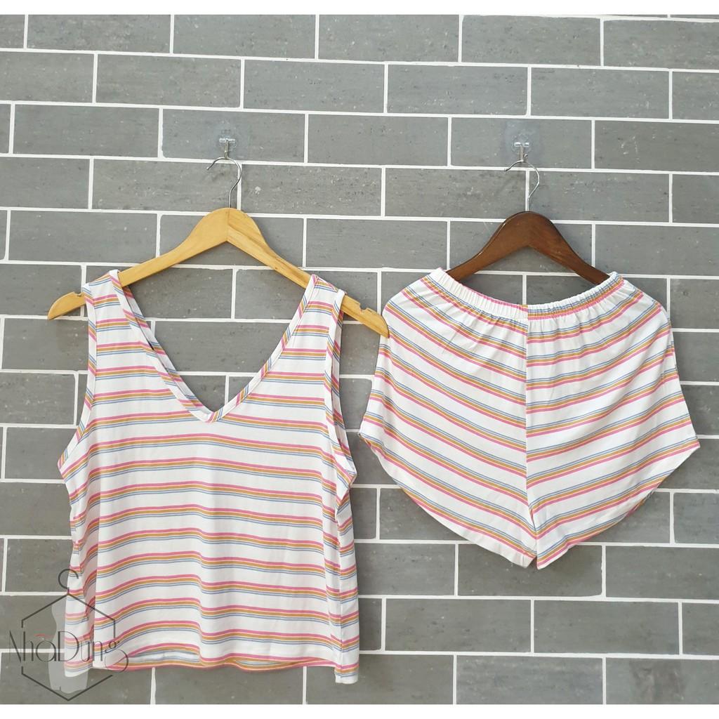 Đồ bộ mặc nhà ngủ nữ sát nách sọc ngang Nhã Dung Store vải cotton 4 chiều dưới 65kg siêu mát kiểu dáng dễ thương