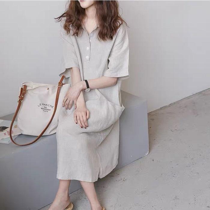 Đầm suông linen form rộng cổ sơ mi 2 túi bên sườn không kén dáng mặc, thời trang phong cách trẻ