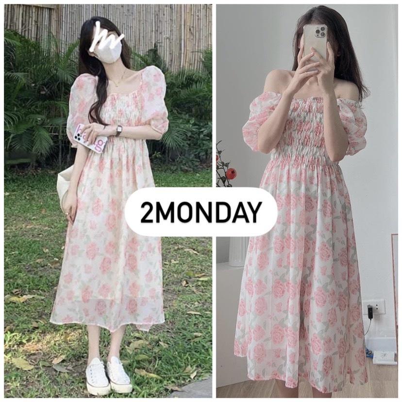 VÁY ĐẦM HOA HỒNG CHUN NGỰC TAY BỔNG MẶC 2 KIỂU “MYLI DRESS” TRỄ VAI TIỂU THƯ