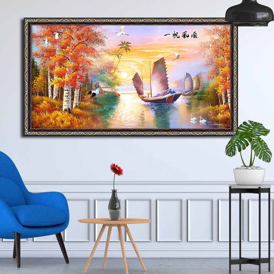 Tranh canvas phong thủy treo tường - Thuận buồm xuôi gió - TBXG015 - Khung hoa văn sang trọng - 150x80cm