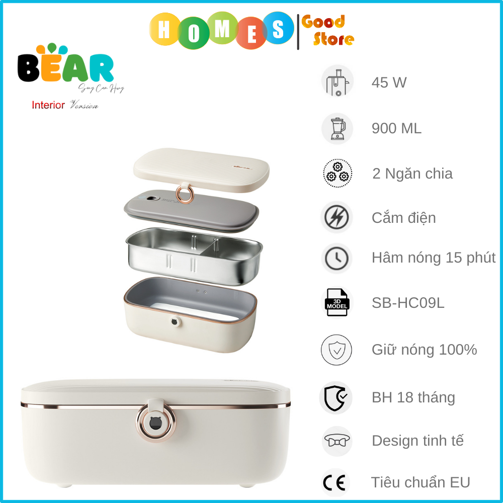 Hộp Cơm Điện Giữ Nhiệt, Tự Hâm Nóng Và Nấu Chín Đa Năng 2 Ngăn SB-HC09L Dung Tích 0.9 LÍT Công Suất 75W - Hàng Chính Hãng